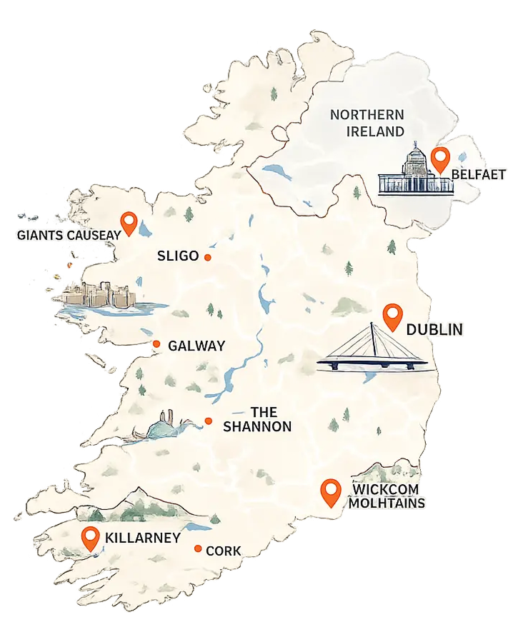 A stylized watercolor map of Ireland featuring major cities and landmarks like Dublin, Belfast, and Galway, used as a geographic guide for roofing cost estimates.